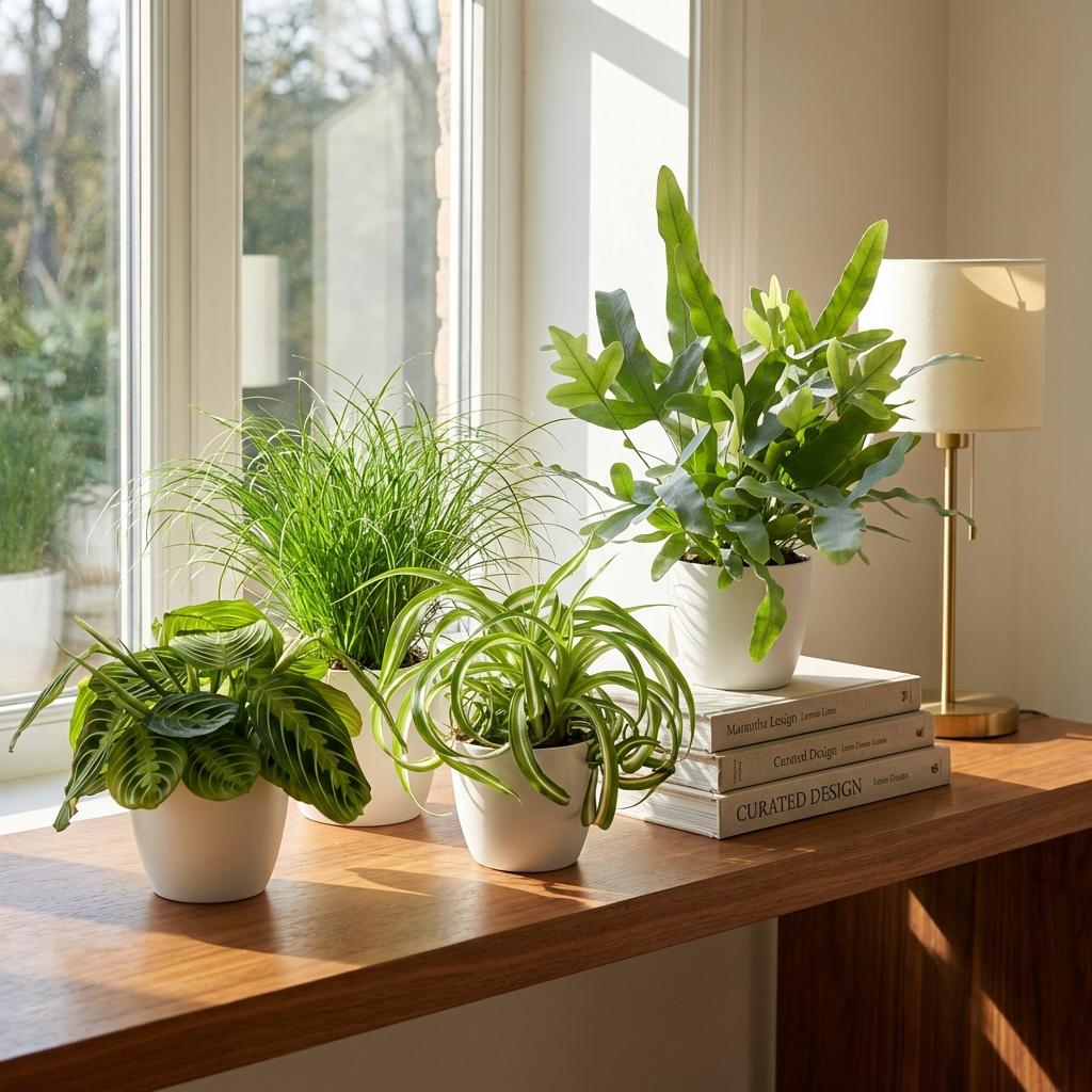Chlorophytum - Cyperus - Phlebodium - Marantha - 4 Planten in Witte pot