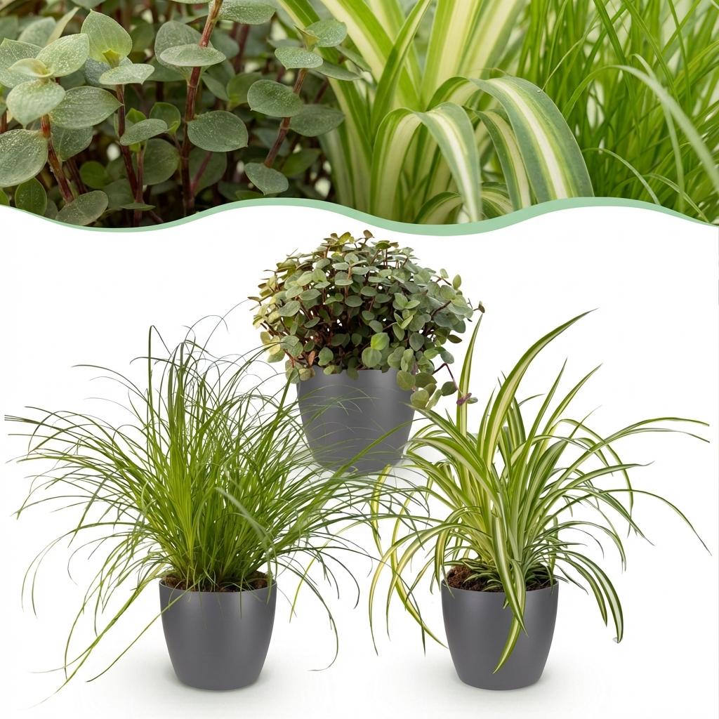 Zypergras - Calissia - Chlorophytum - 3 Pflanzen mit grauem Topf