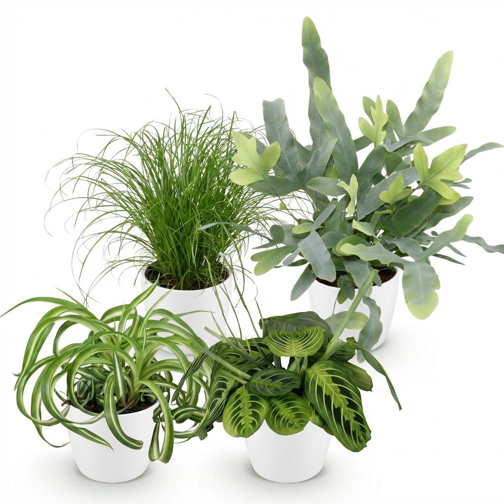 Chlorophytum - Cyperus - Phlebodium - Marantha - 4 Planten in Witte pot