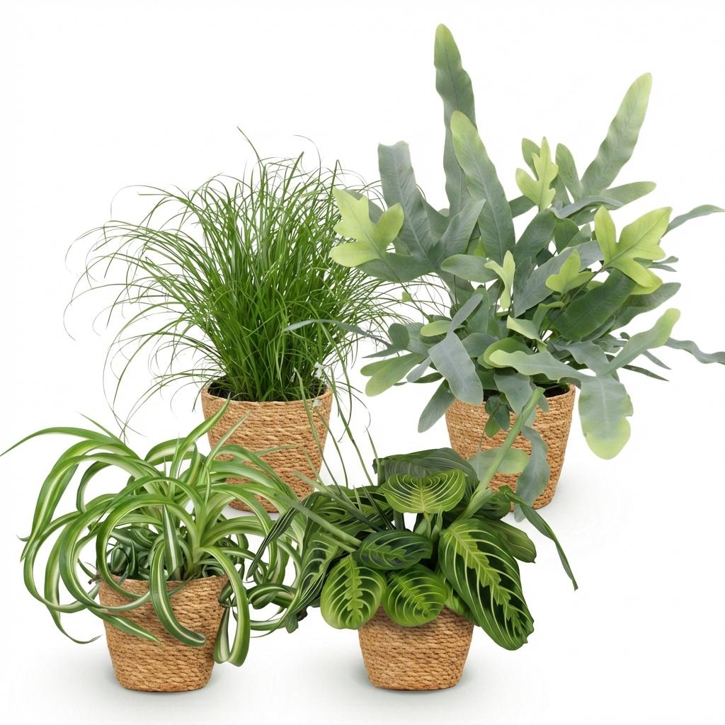 Chlorophytum - Cyperus - Phlebodium - Marantha - 4 Pflanzen mit Korb