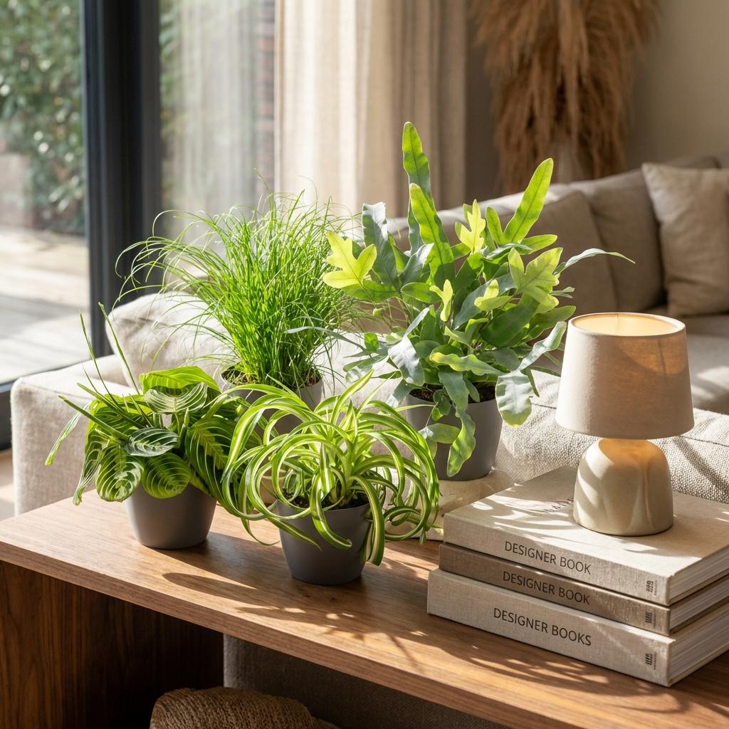Chlorophytum - Cyperus - Phlebodium - Marantha - 4 Pflanzen im grauen Topf