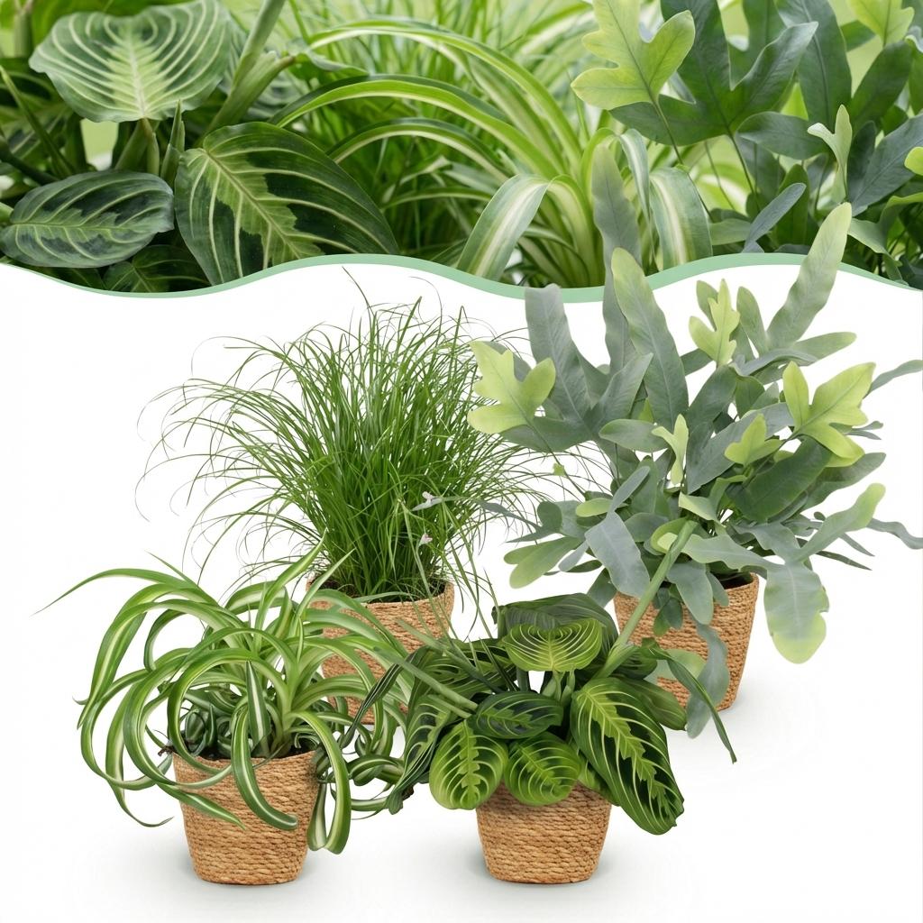 Chlorophytum - Cyperus - Phlebodium - Marantha - 4 Pflanzen mit Korb