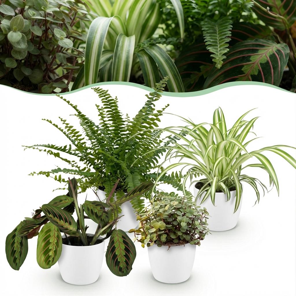 Chlorophytum - Maranta - Calissia - Nephrolepsis - 4 Planten in witte pot