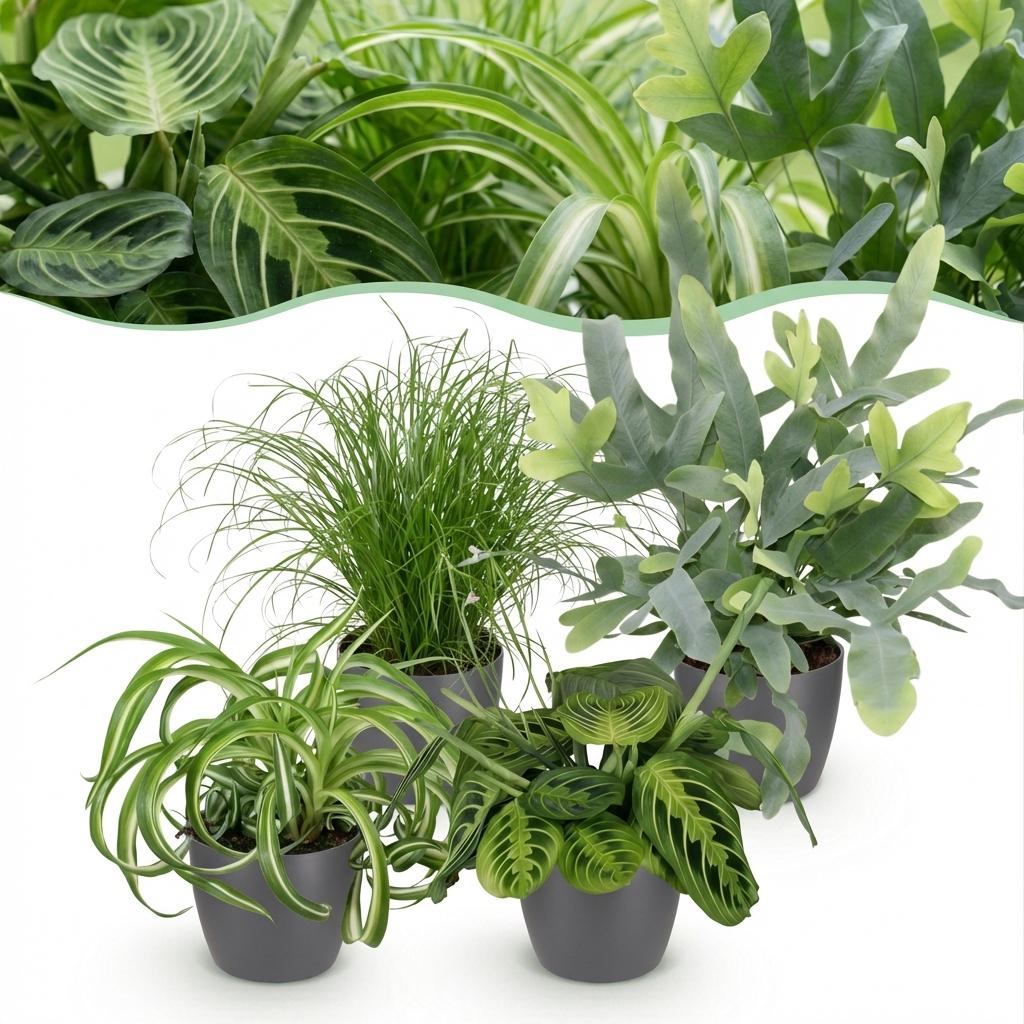 Chlorophytum - Cyperus - Phlebodium - Marantha - 4 Pflanzen im grauen Topf
