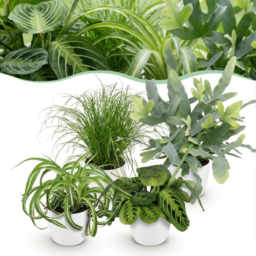 Chlorophytum - Cyperus - Phlebodium - Marantha - 4 Planten in Witte pot