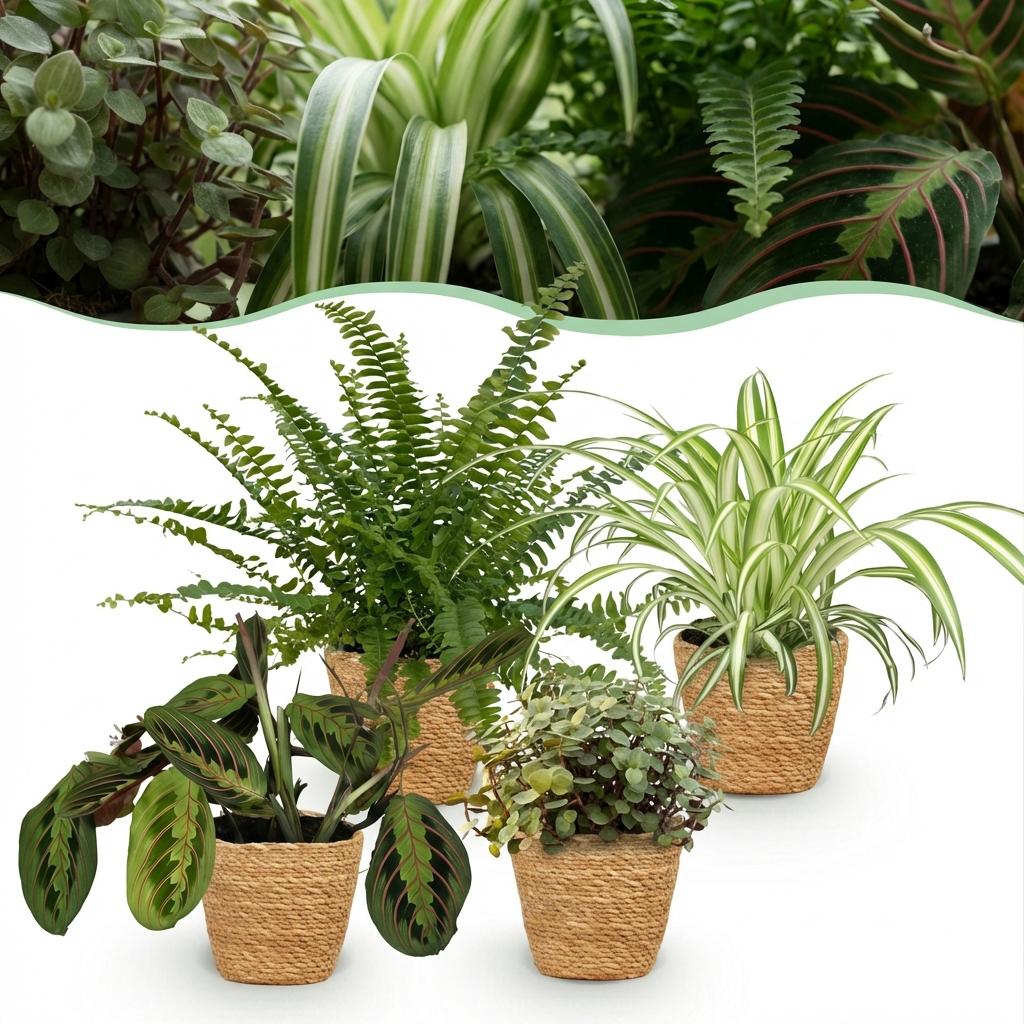 Chlorophytum - Maranta - Callisia - Nephrolepsis - 4 plantas con cesta